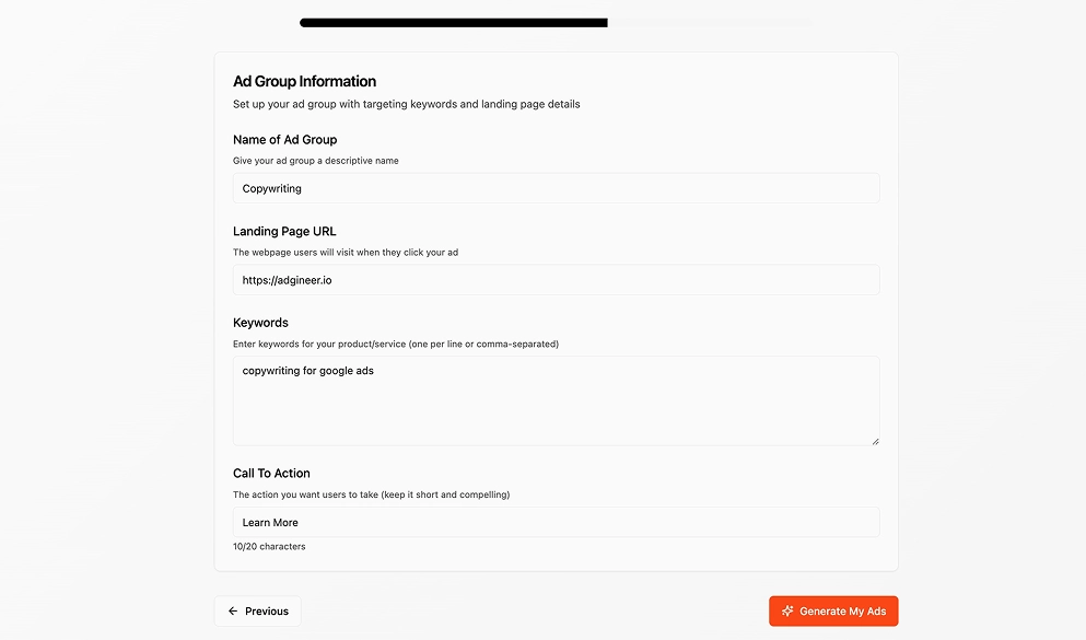 Add Your Landing Page + Keywords
